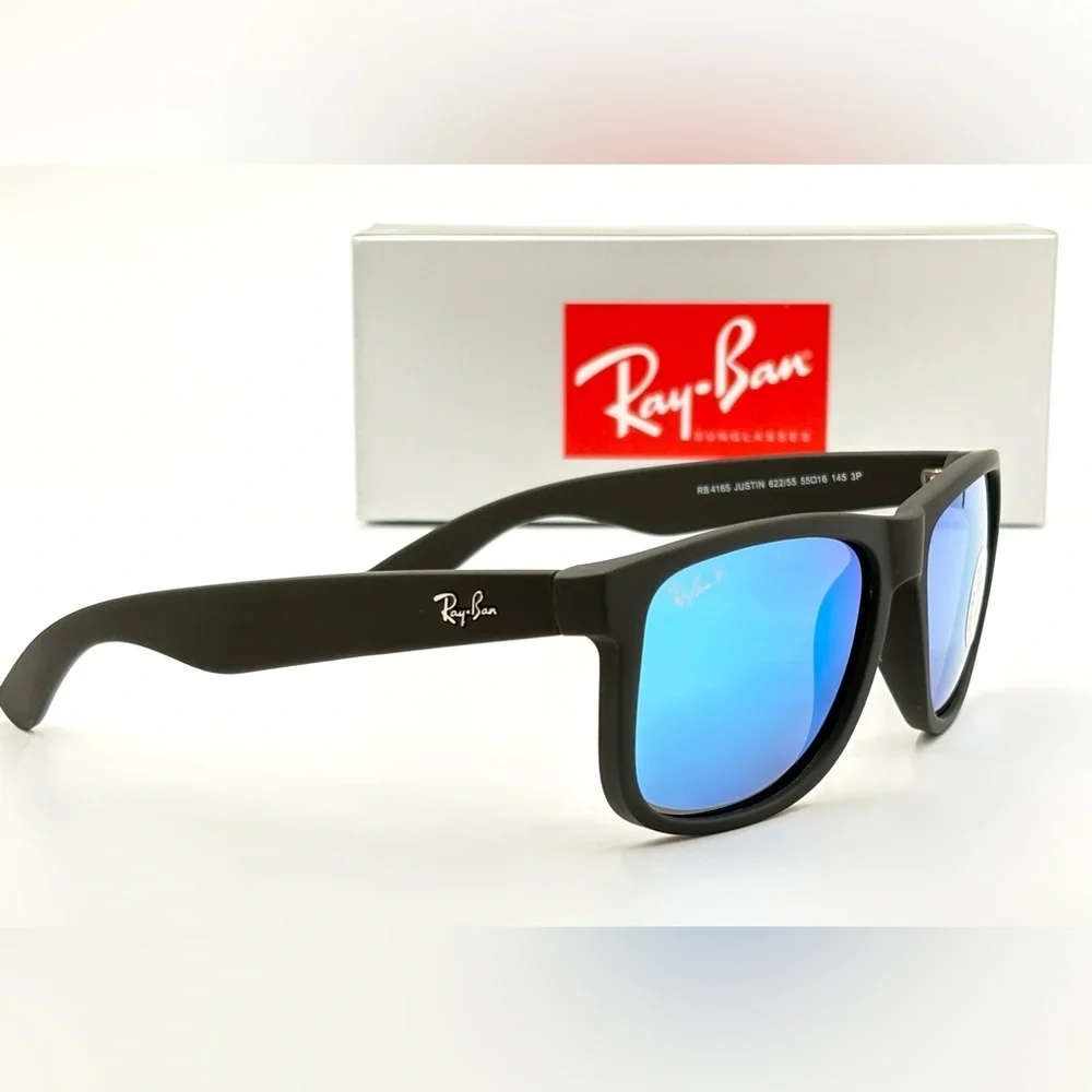 Ray-Ban Polarized Sunglasses Blue Mirror Wayfarer RB4165 Black Rubber Soft 202 - Picture 7 of 15